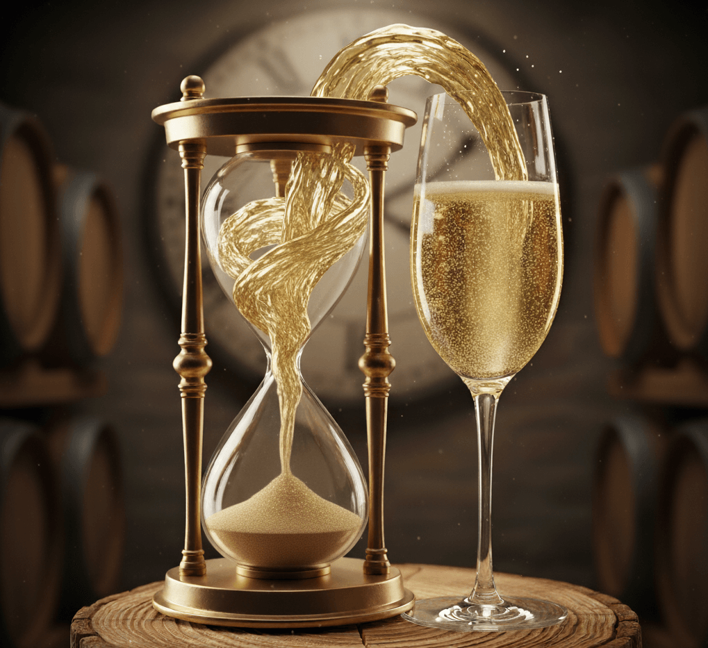 Een zanderloper der tijd die een glas champagne vult.